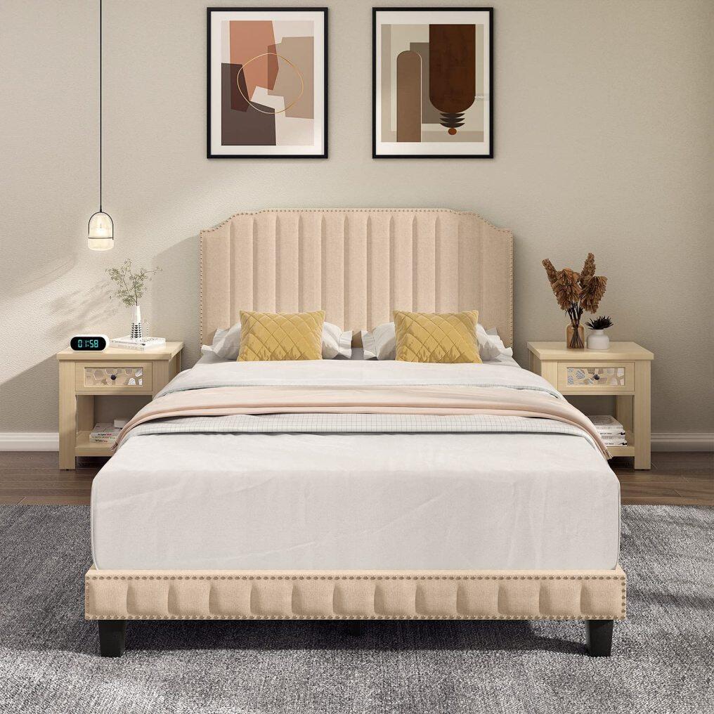 KOMFOTT Twin/Full/Queen Size Upholstered Platform Bed Frame with Headboard