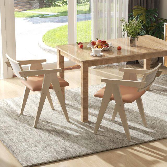 KOMFOTT Wooden Dining Chairs Set of 2/4, Mid Century Upholstered Kitchen Chairs w/Leathaire Seat Cushions & Sherpa Backrests