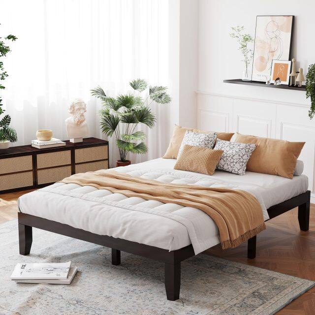 KOMFOTT Wood Platform Bed Frame, Solid Wood Mattress Foundation with Rubber Wood Frame