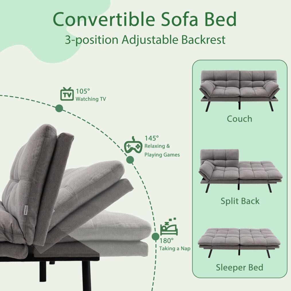 KOMFOTT Futon Sofa Bed, Faux Leather Memory Foam Convertible Futon Couch with Adjustable Backrest & Armrests