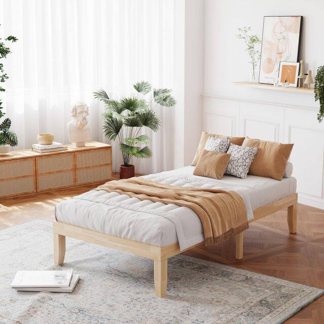 KOMFOTT Wood Platform Bed Frame, Solid Wood Mattress Foundation with Rubber Wood Frame