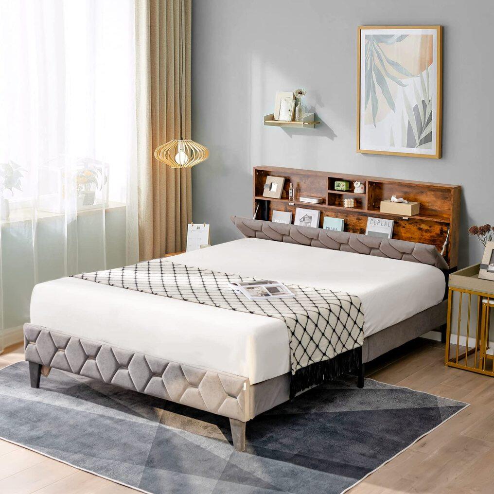 KOMFOTT Upholstered Full/Queen Bed Frame with Storage Headboard, Platform Bed Frame