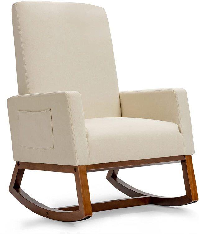 KOMFOTT Rocking Chair, High Back Upholstered Lounge Armchair w/Side Pocket
