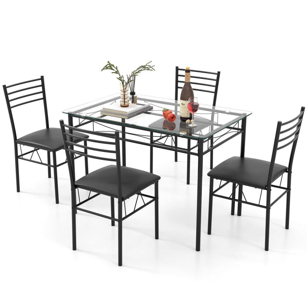 KOMFOTT 5 Piece Dining Table Set with Tempered Glass Table Top and 4 Upholstered Chairs