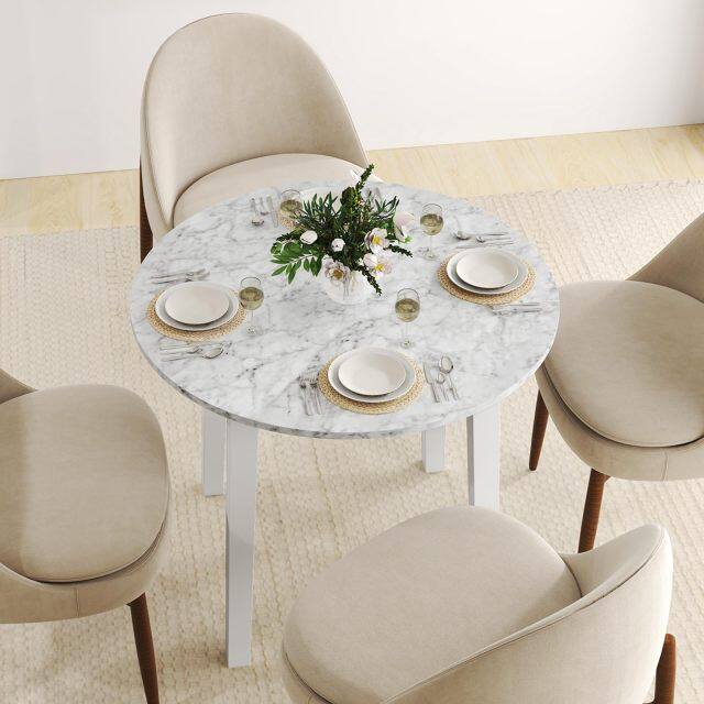 KOMFOTT Round Dining Table with Rubber Wood Legs, Marble-Textured Veneer Tabletop