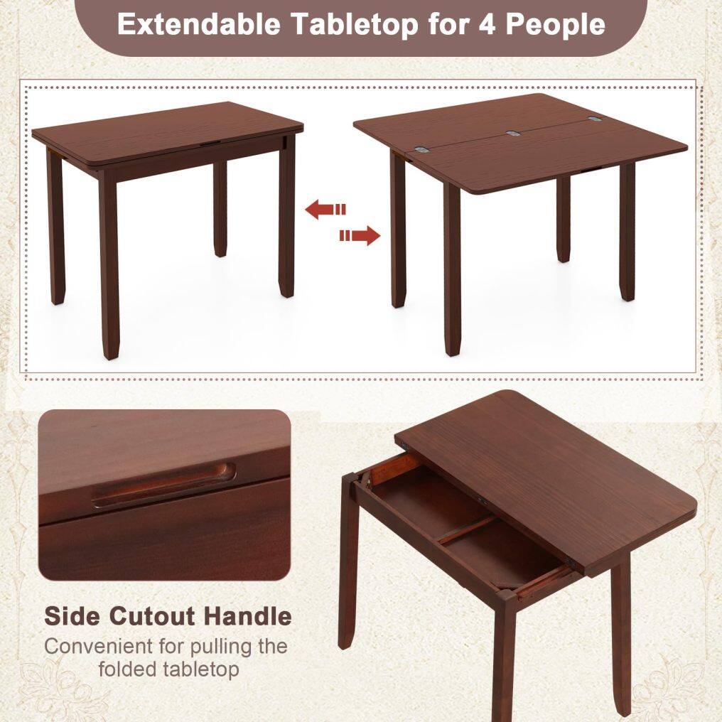 KOMFOTT Folding Dining Table for 4, Extendable Kitchen Table w/Hidden Storage & Rubber Wood Frame