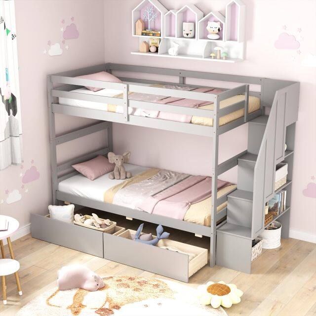 KOMFOTT Wood Twin Over Twin Bunk Bed with 2 Storage Drawers & Stairs