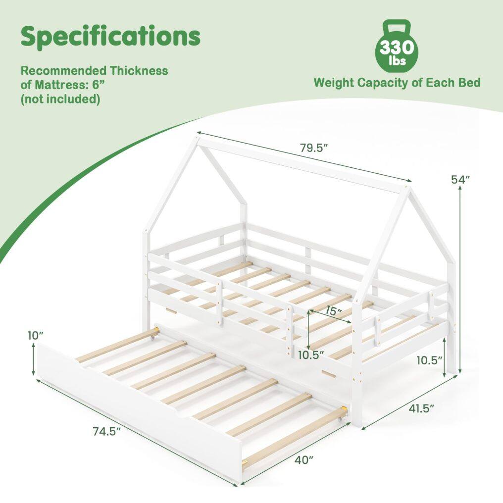 KOMFOTT House Bed with Trundle Wood Bed Frame with Safety Rails & Roof