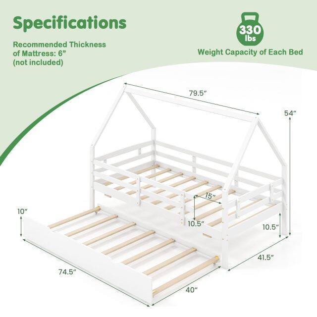 KOMFOTT House Bed with Trundle Wood Bed Frame with Safety Rails & Roof