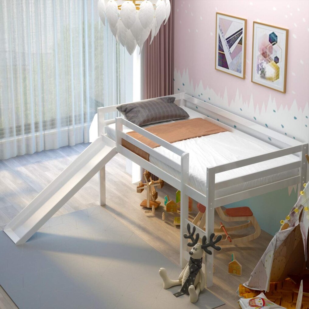KOMFOTT Twin Size Wood Low Loft Bed with Slide, Ladder & Guard Rail