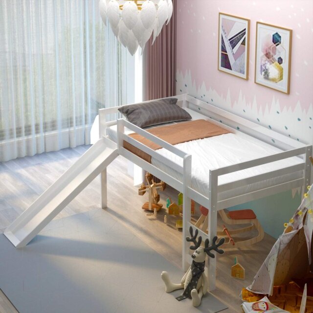 KOMFOTT Twin Size Wood Low Loft Bed with Slide, Ladder & Guard Rail