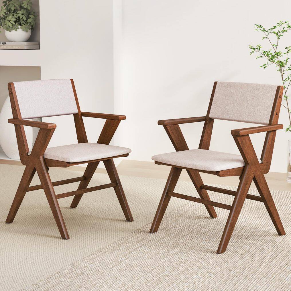 KOMFOTT Wooden Dining Chairs Set of 2/4 w/Armrests, Rubber Wood Frame, Padded Seat & Back