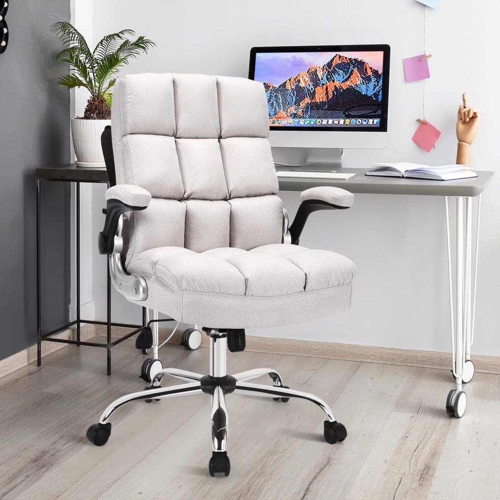 KOMFOTT Executive Office Chair, Adjustable Tilt Angle and Flip-up Armrest Linen Fabric Upholstered Chair with Thick Padding