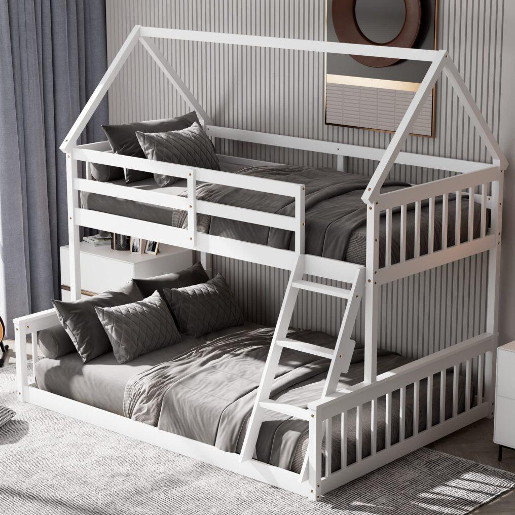 KOMFOTT Twin Over Full Wood House Bunk Bed with Integrated Ladder & Safety Guardrails, Convertible to 2 Beds