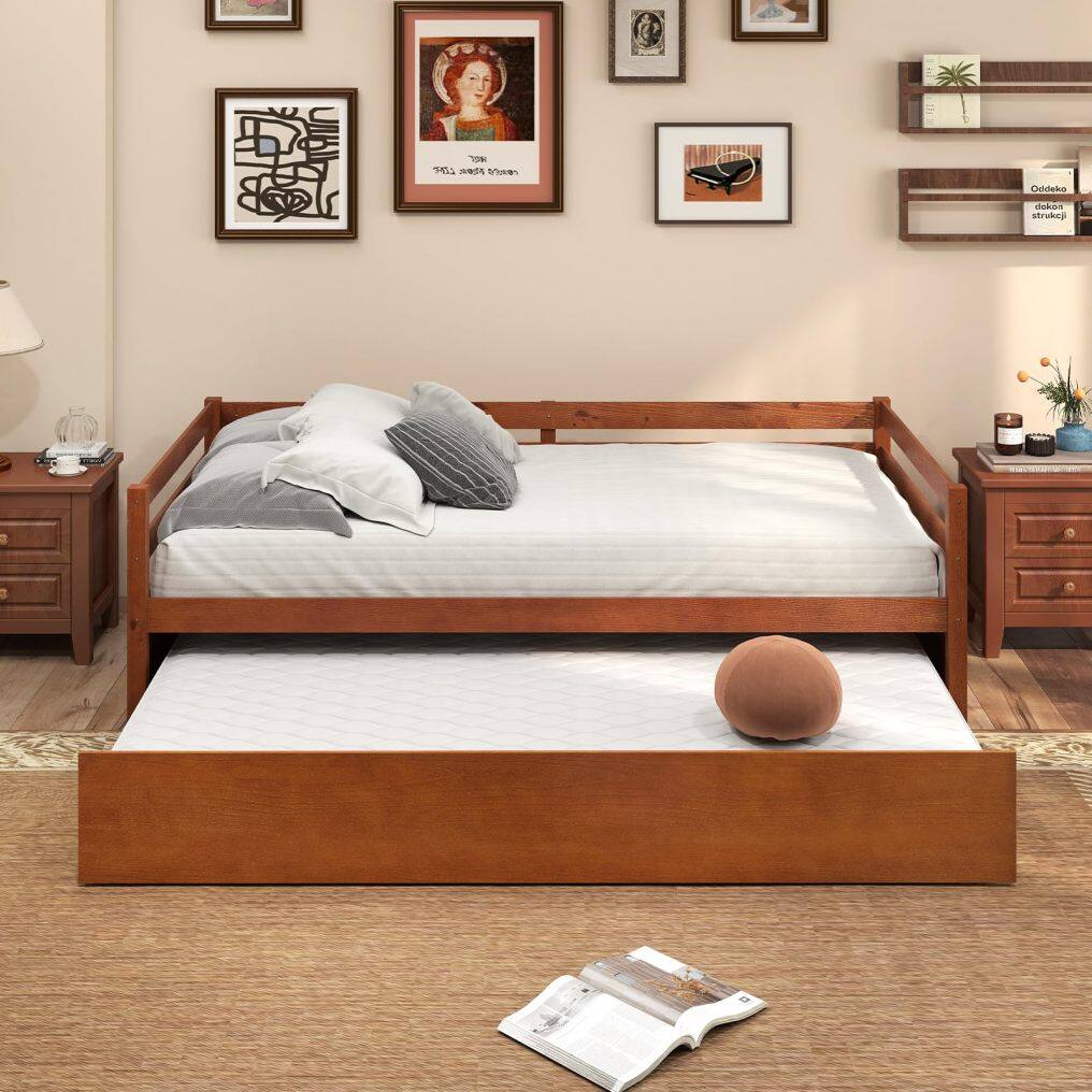 KOMFOTT Twin Daybed with Trundle, Wood Trundle Bed with Wood Slat Support