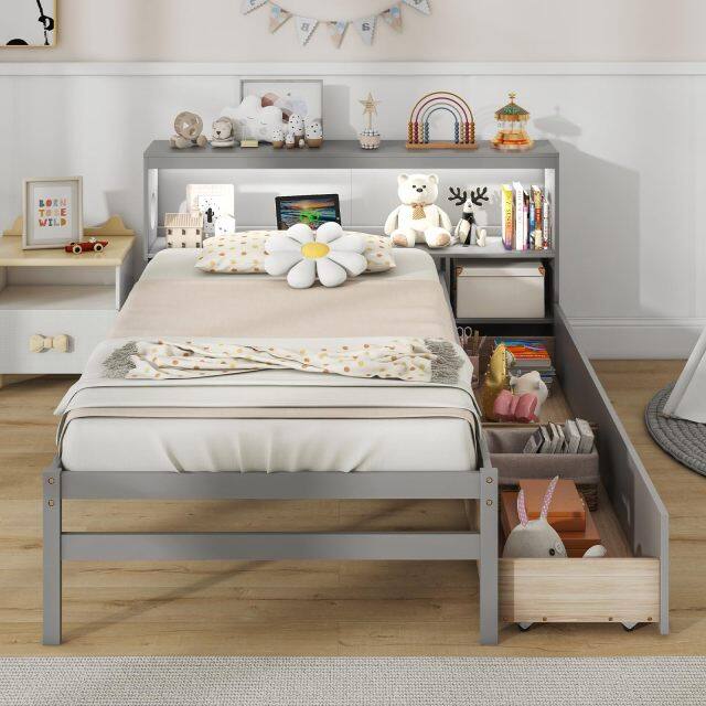 KOMFOTT Wood Twin Bed Frame with Storage Drawer & Headboard, Modern Platform Bed with Charging Station & LED Light