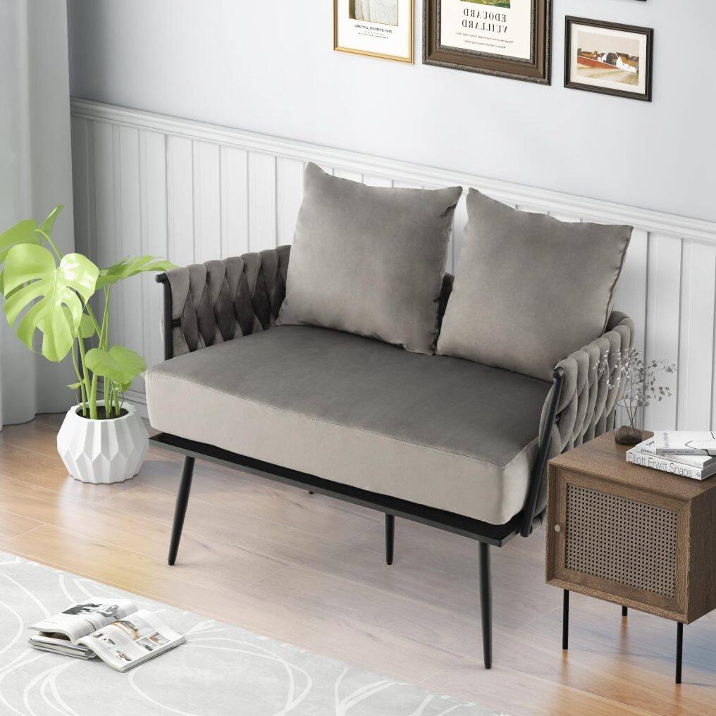 KOMFOTT 43” Loveseat Sofa, Modern Upholstered 2-Seat Sofa with 2 Back Pillows, Woven Backrest & Armrest