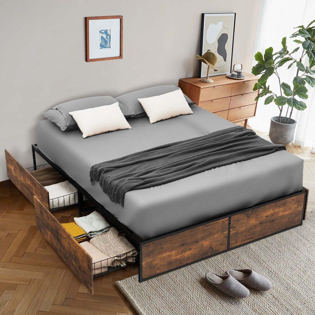 KOMFOTT Industrial Metal Bed Frame with 4 Drawers & Reserved Holes for Headboard