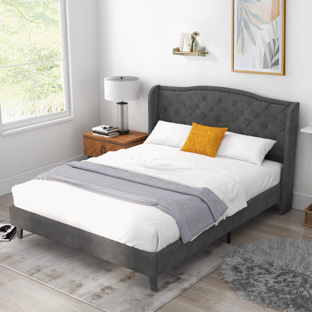 KOMFOTT Full/Queen Size Velvet Upholstered Platform Bed Frame with Button Tufted Headboard