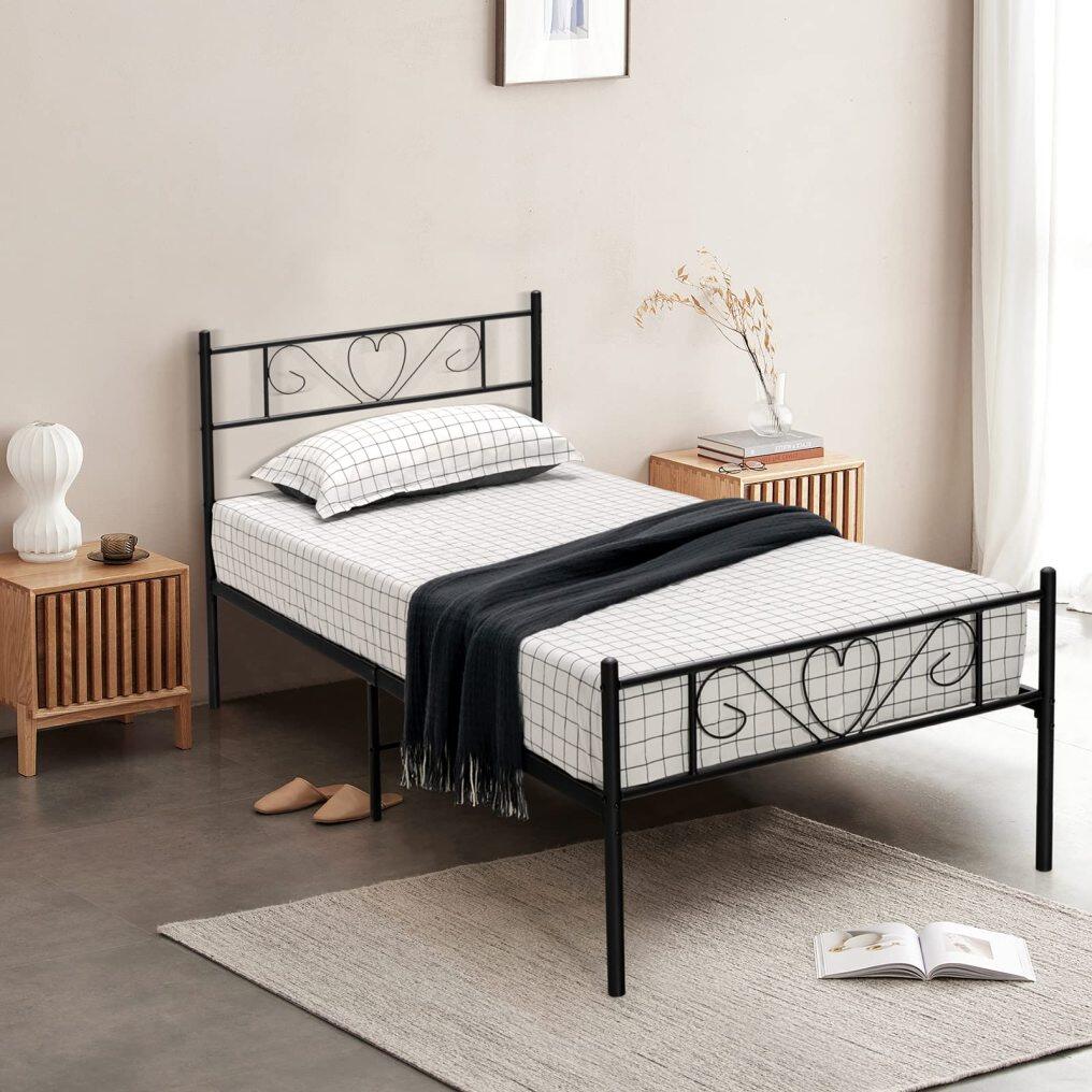 KOMFOTT Twin XL Metal Bed Frame with Heart-Shaped Headboard & Footboard