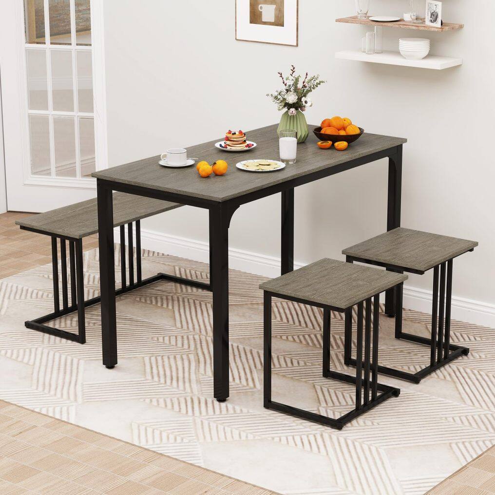 KOMFOTT 4 Piece Dining Table Set for 4 with Bench & 2 Stools, Space-Saving Desk Set
