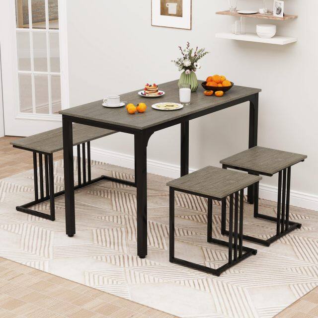 KOMFOTT 4 Piece Dining Table Set for 4 with Bench & 2 Stools, Space-Saving Desk Set