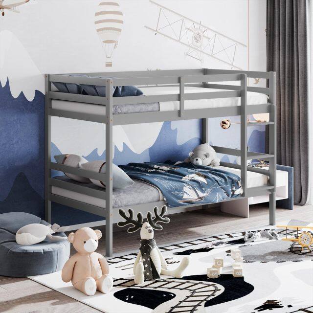 KOMFOTT Twin Over Twin Wood Bunk Bed with Ladder & Safety Guardrail