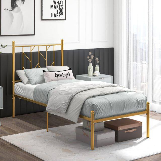 KOMFOTT Metal Bed Frame with Victorian Style Headboard, 14 Metal Slats Support