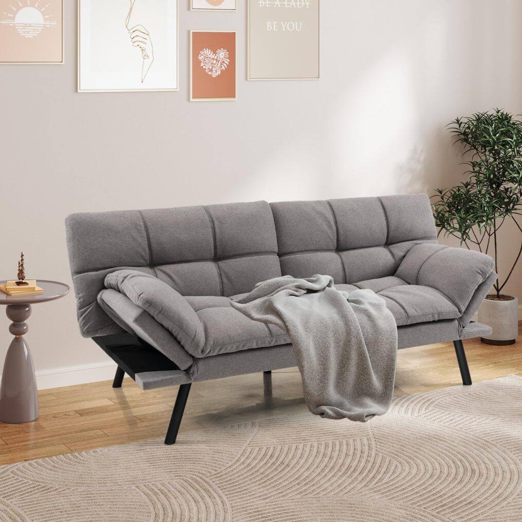 KOMFOTT Futon Sofa Bed, Faux Leather Memory Foam Convertible Futon Couch with Adjustable Backrest & Armrests