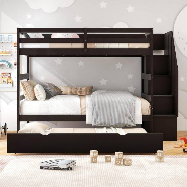 KOMFOTT Twin Over Twin Wood Bunk Bed with Trundle & Storage Stairs, Convertible to 2 Separated Beds