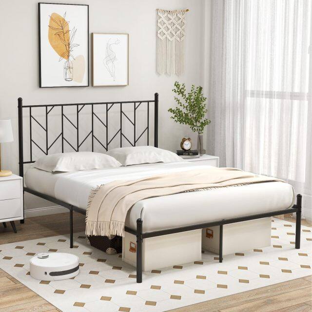 KOMFOTT Metal Bed Frame with Victorian Style Headboard, 14 Metal Slats Support