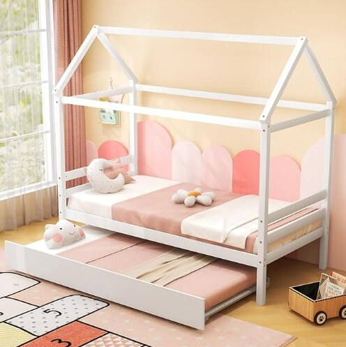 KOMFOTT Twin Size Wood House Bed with Trundle and Roof