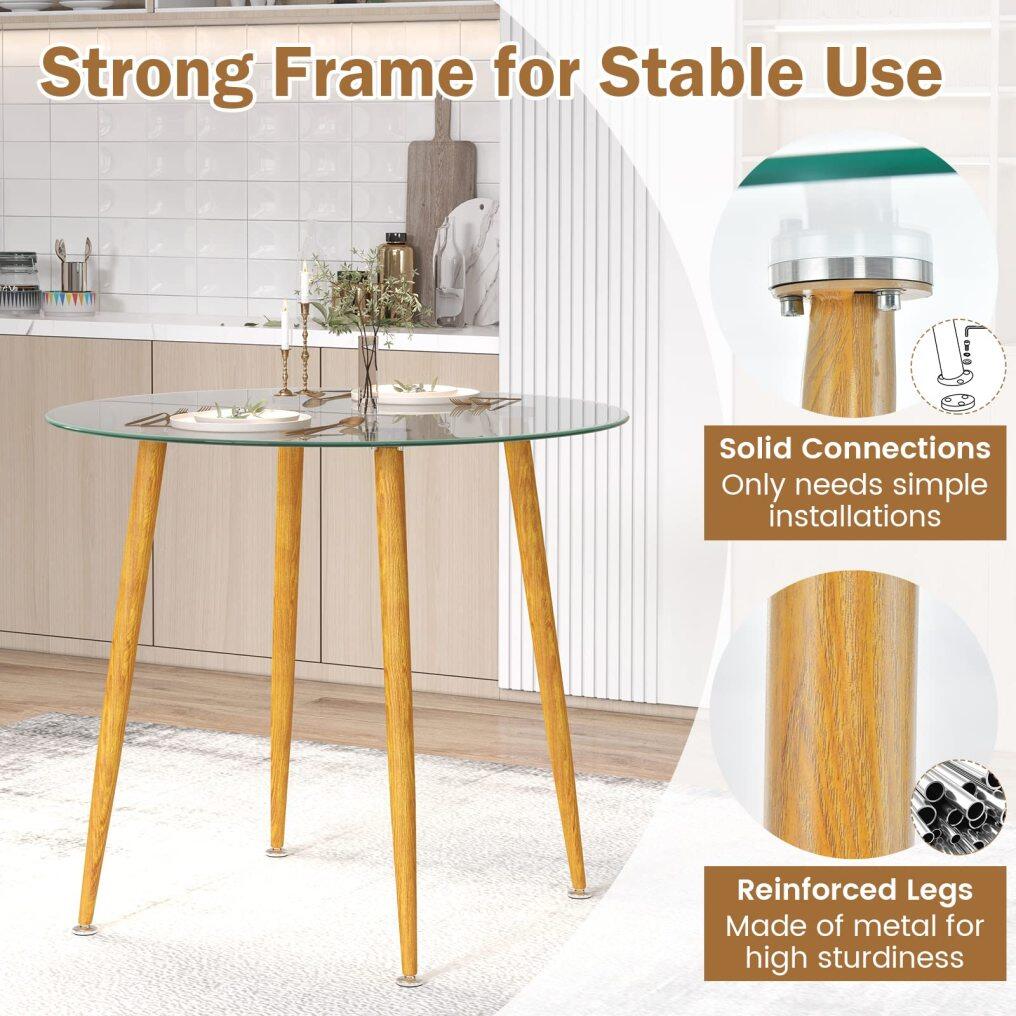 KOMFOTT Round Glass Dining Table, Kitchen Dinner Table w/Tempered Glass Tabletop & Metal Legs