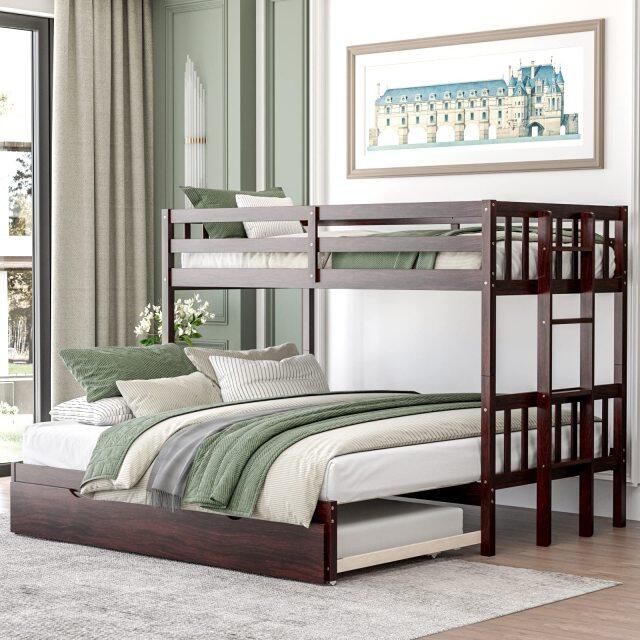 KOMFOTT Twin Over Full Bunk Bed with Trundle, Extendable Twin/Full/Queen/King Bunk Bed