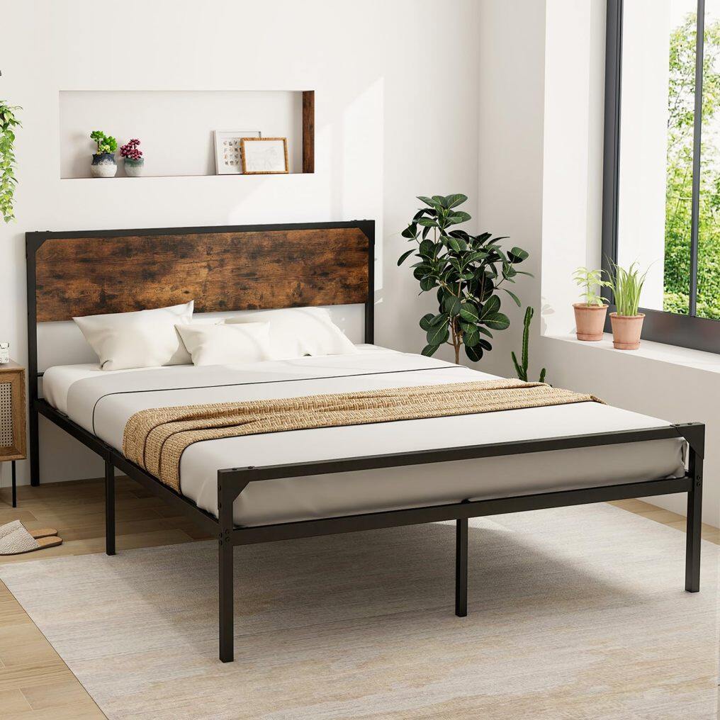 KOMFOTT Full/ Queen Size Metal Bed Frame with Wood Headboard