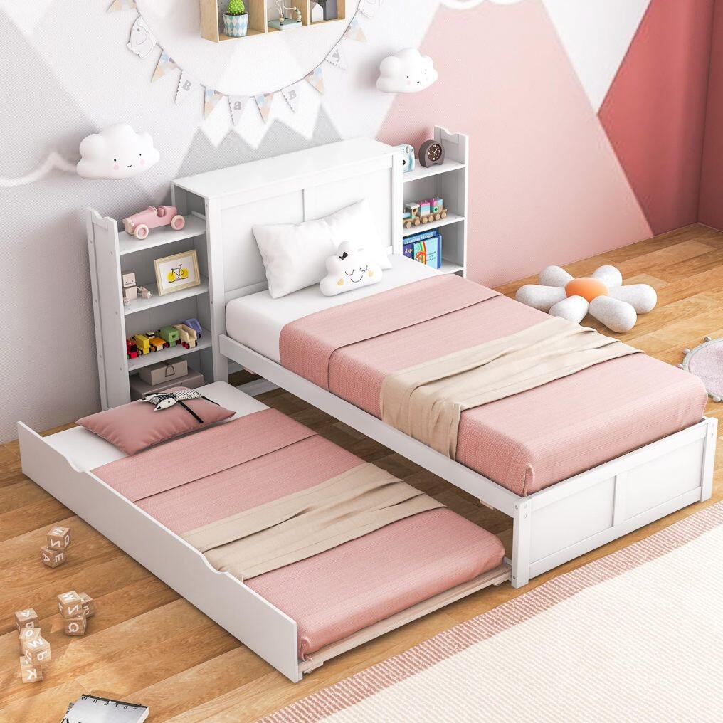 KOMFOTT Twin Wood Bed Frame with Trundle & 2 Rolling Bookcases & High Headboard