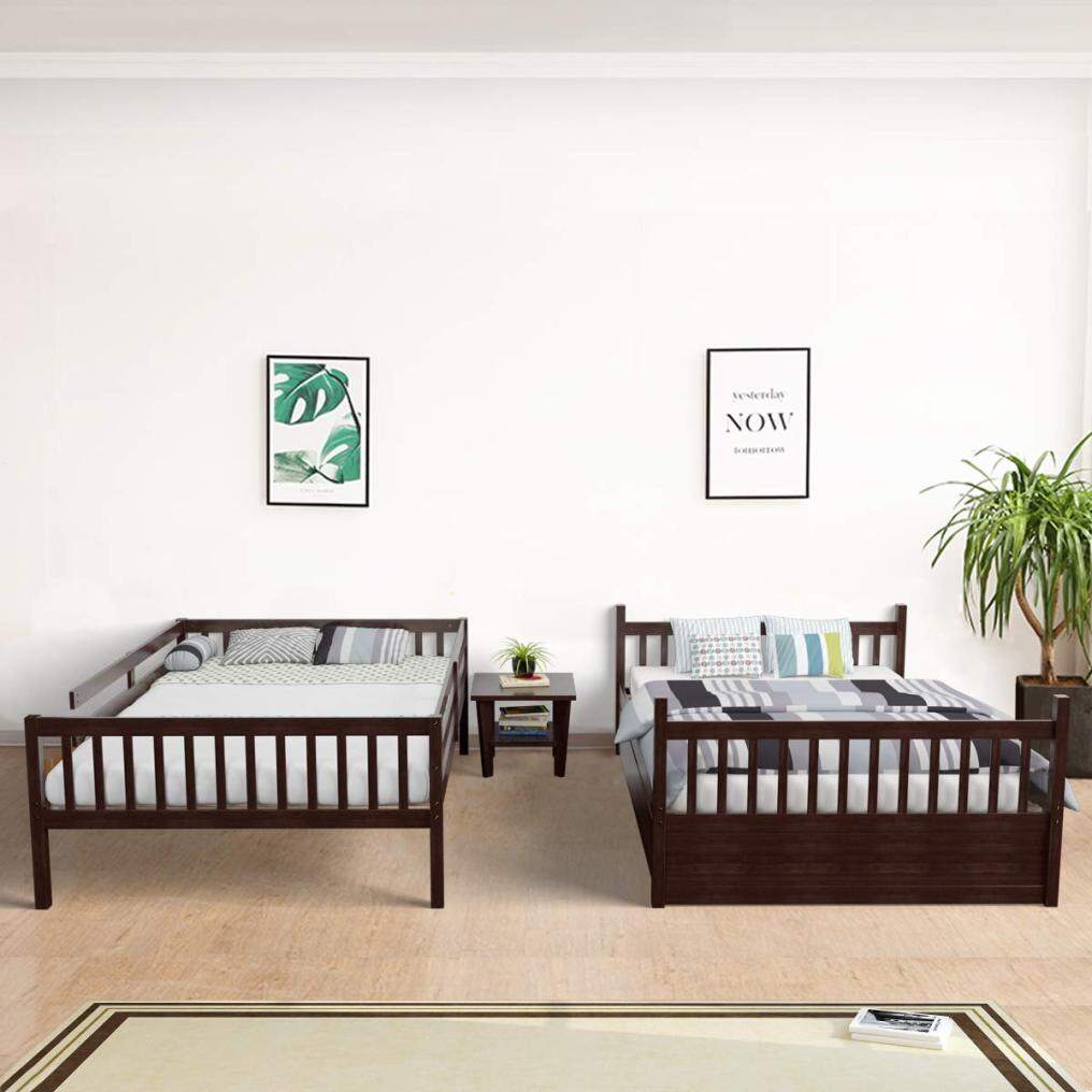 KOMFOTT Full Over Full Wood Bunk Bed with Trundle, Ladder, Solid Wood Frame & Safety Guardrails