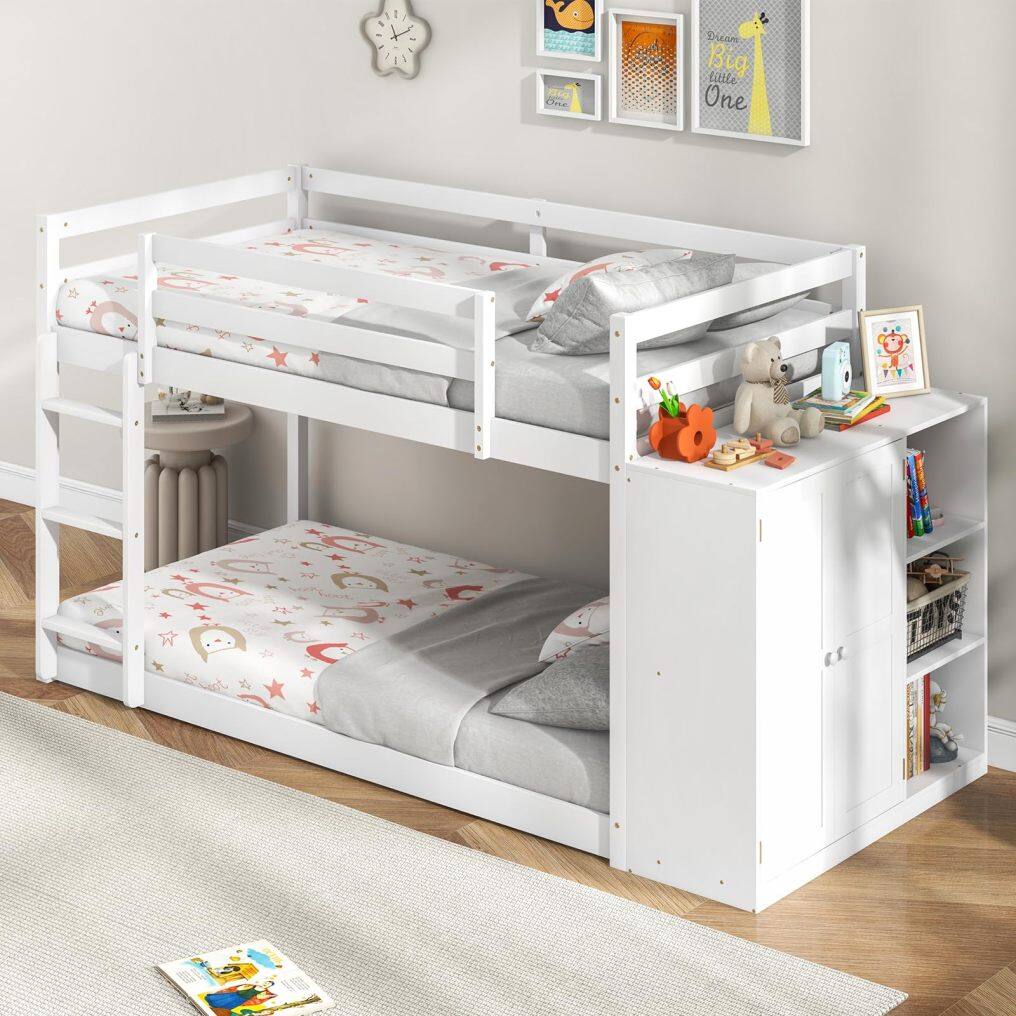 KOMFOTT Twin Over Twin Bunk Bed with Storage Cabinet & Shelves, Convertible Bookcase