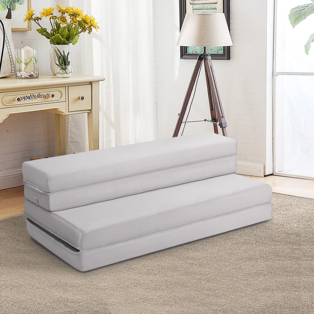 KOMFOTT 4 Inch Tri Folding Mattress, Foam Mattress with Carrying Handles and Removable Washable Fabric