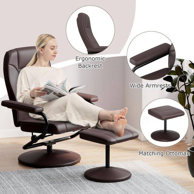 KOMFOTT Recliner Chair with Ottoman, 360° Swivel Faux Leather Reclining Chair w/Adjustable Backrest, Footrest