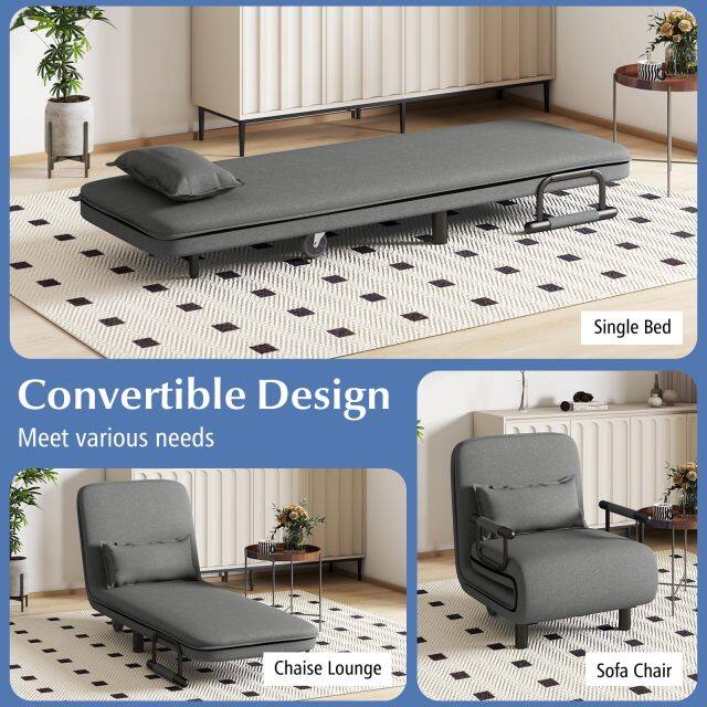 KOMFOTT Convertible Chair Bed with 5-Position Adjustable Backrest & Lumbar Pillow, 2 Lockable Casters