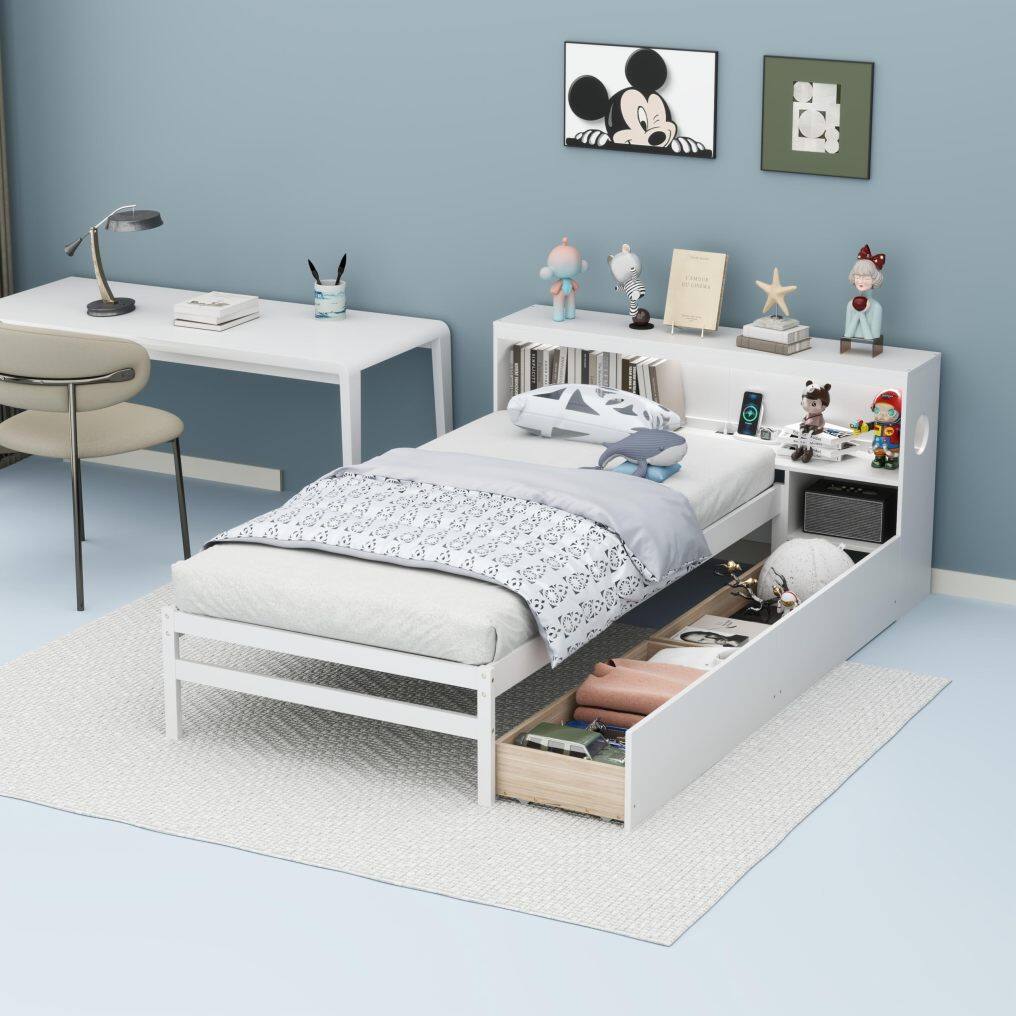 KOMFOTT Wood Twin Bed Frame with Storage Drawer & Headboard, Modern Platform Bed with Charging Station & LED Light