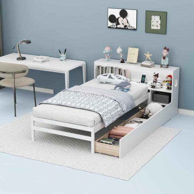 KOMFOTT Wood Twin Bed Frame with Storage Drawer & Headboard, Modern Platform Bed with Charging Station & LED Light