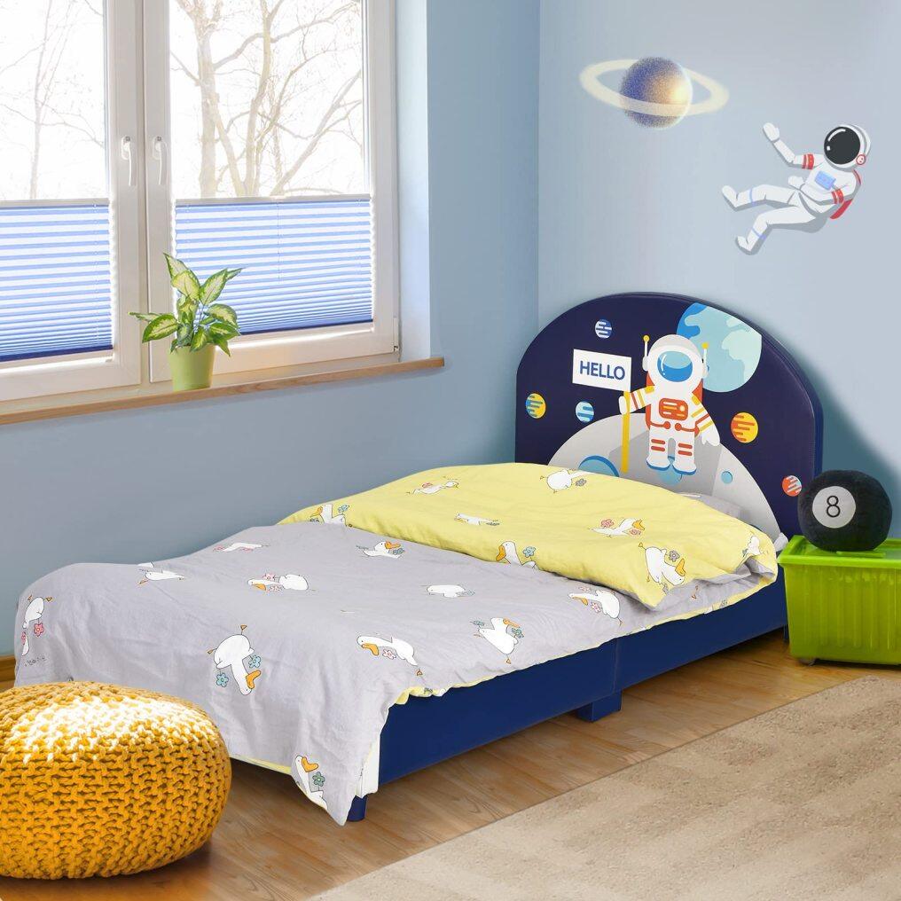 KOMFOTT Kids Bed, Toddler Upholstered Platform Floor Bed w/Headboard & Wooden Slat Base