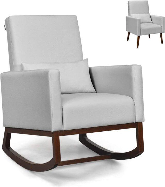 KOMFOTT Upholstered Rocking Chair, Modern High Back Armchair, Comfortable Rocker with Fabric Padded Seat, Waist Pillow