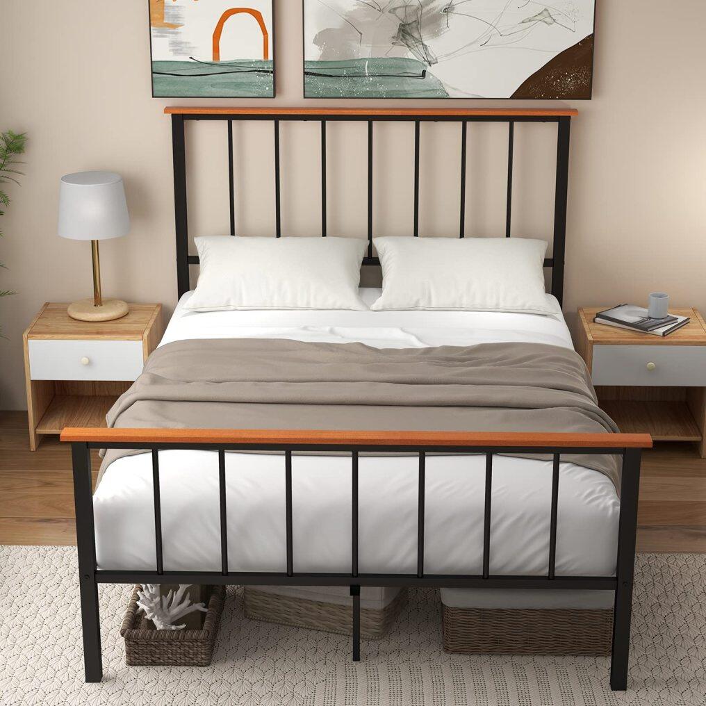 KOMFOTT Full/Queen Size Metal Bed Frame with Spindle Headboard & Footboard