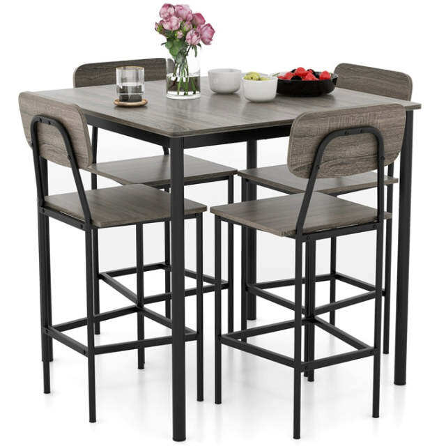 KOMFOTT 5 Piece Dining Table Set with Counter Height Table & 4 Bar Stools, Industrial Kitchen Dining Table Set with Footrest & Backrest
