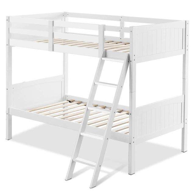 KOMFOTT Wood Twin Over Twin Bunk Beds, Convertible 2 Individual Twin Beds for Kids Children