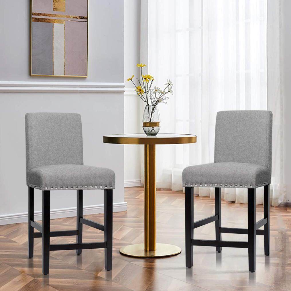 KOMFOTT Bar Stools Set of 2/4, 25'' Counter Height Upholstered Bar Chairs w/ Rubber Wood Legs, Breathable Linen Fabric, Padded Seat & Backrest