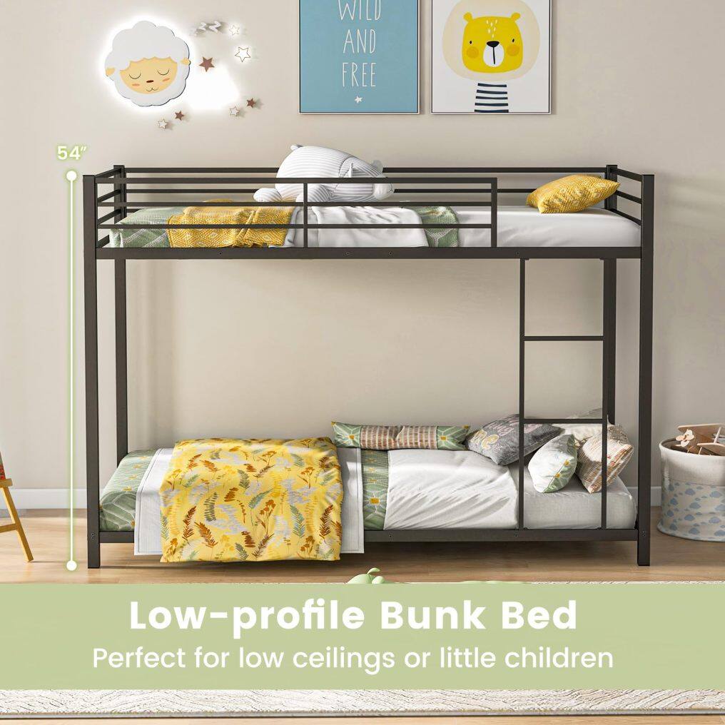 KOMFOTT Twin Over Twin Metal Low Floor Bunk Bed with Safety Guard Rail & Ladder